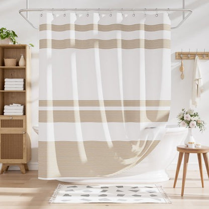 AmazerBath Shower Curtain, 72x72 Washable Cloth Neutral Light Tan Shower Curtain with 12 Hooks, Fabric Khaki and White Striped Set, Farmhouse Bathroom Shower Curtain