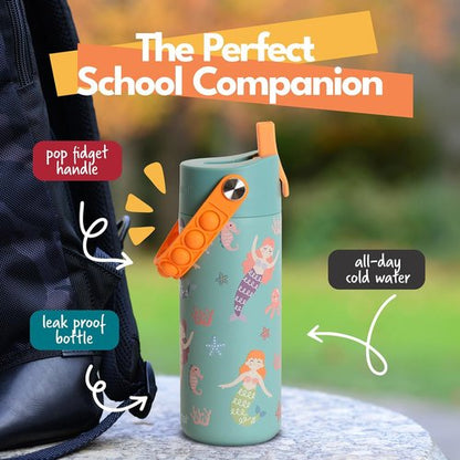 Elemental Kids Insulated Water Bottle - Stainless Steel, Leak-Proof with Straw Lid & Pop-It Handle, 18oz | Mermaid Sisters