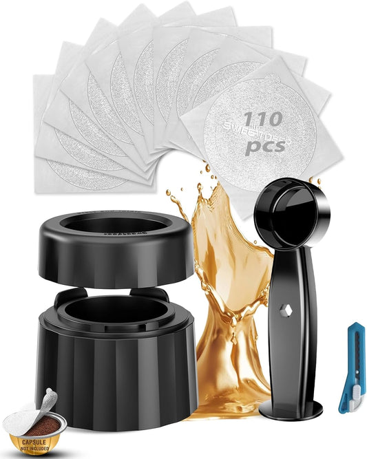 Nespresso Reusable Pods - Refillable Kit with 110 Aluminum Foil Lids & Accessories for Vertuo