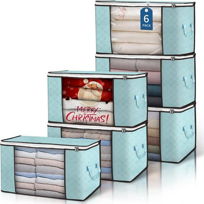 Budding Joy 90L Large Storage Bags - 6 Pack Foldable Closet Organizers for Clothes & Blankets | Blue
