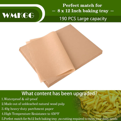 WMKGG Non-Stick Parchment Paper Sheets - 190 PCS Precut for Baking, Grilling & Air Frying | 8x12 Inches