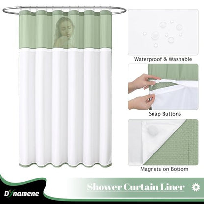 Dynamene 78 Inch Long Shower Curtain, Tall Waffle Fabric Shower Curtains for Bathroom, Hotel Waterproof Cloth Shower Curtain Liner Set with Hooks, Snap in Liner, Mesh Top Window, Sage Green, 72x78