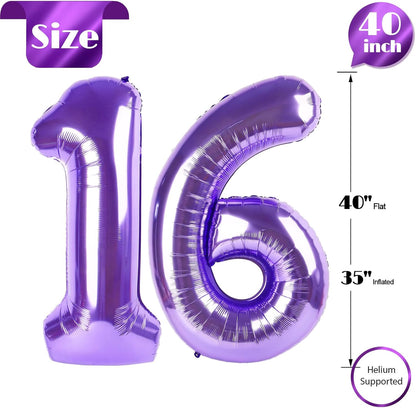 Purple Number 16 Balloon - 40 Inch Giant Foil Balloon for 16th Birthday Party Decorations