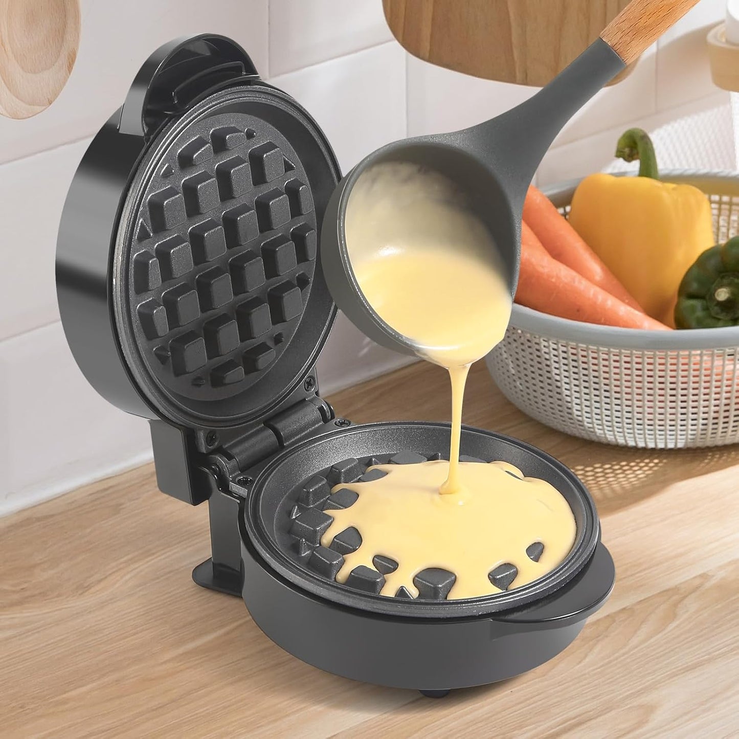 Skiennix Mini Waffle Maker - Non-Stick Breakfast Belgian Waffles | Portable 5-Inch Iron, Easy to Clean, Black