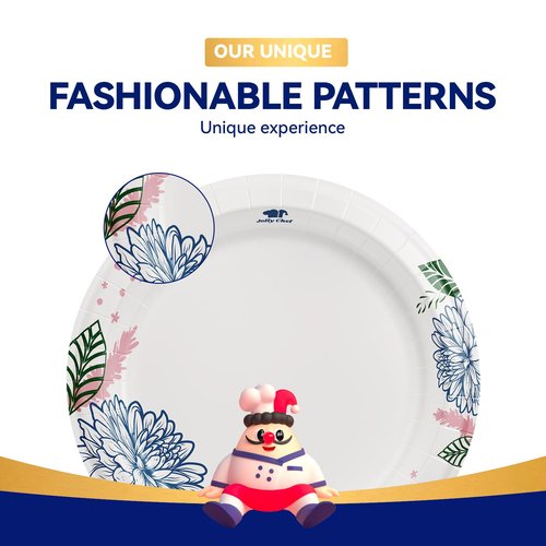 JOLLY CHEF 𝟭𝟰𝟬 𝗖𝗼𝘂𝗻𝘁 𝗣𝗮𝗽𝗲𝗿 𝗣𝗹𝗮𝘁𝗲𝘀 𝟭𝟬 𝗶𝗻𝗰𝗵 Soak Proof, Cut Proof, Heavy Duty Flower Printed Disposable Paper Plates for Everyday Use