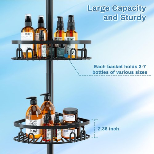 Cutefafa Rustproof Corner Shower Caddy - Adjustable Tension Pole with 4 Large Baskets & Towel Bar | 23.6 to 114.5 Inch