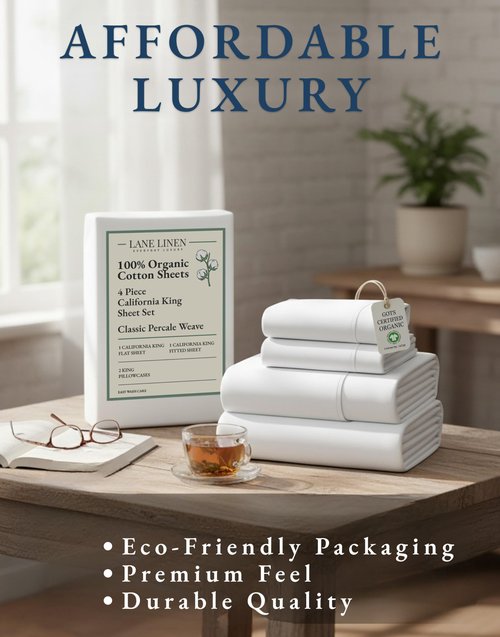 LANE LINEN 100% Organic Cotton California King Sheets Set, 4-Piece Pure Long Staple Percale Weave Ultra Soft Best Bedding Sheets for Bed, Fits Mattress Upto 15" Deep Cal King Sheets- White