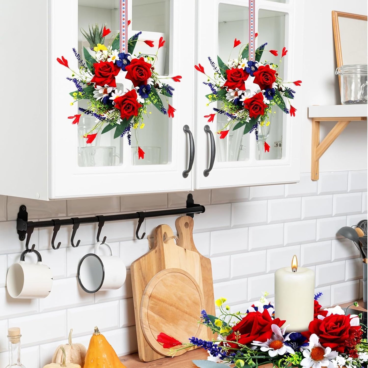 Veterans Day Candle Rings - 4 Pcs Red, White & Blue Mini Floral Wreaths for Patriotic Decor