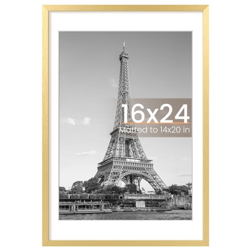 upsimples 16x24 Picture Frame, Display Pictures 14x20 with Mat or 16 x 24 Without, Wall Hanging Poster Frames, Gold, 1 Pack