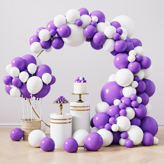 RUBFAC 129-Piece White & Purple Balloon Set - Perfect for Garland & Arch Decorations | Various Sizes 5-18 Inches