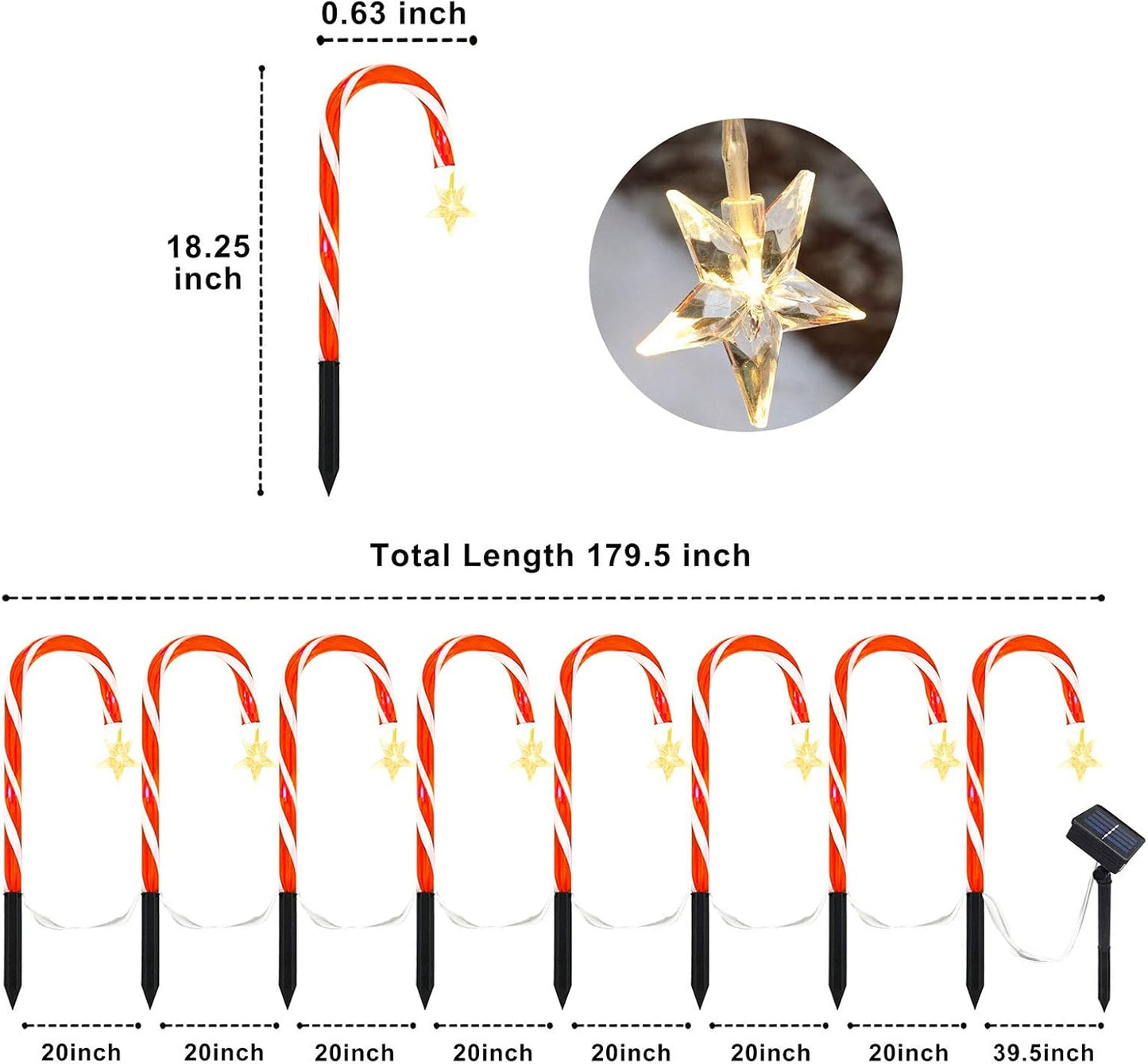 Skiennix Christmas Pathway Lights - Set of 8 Solar Candy Cane Decorations | Waterproof 15ft Garden Lights