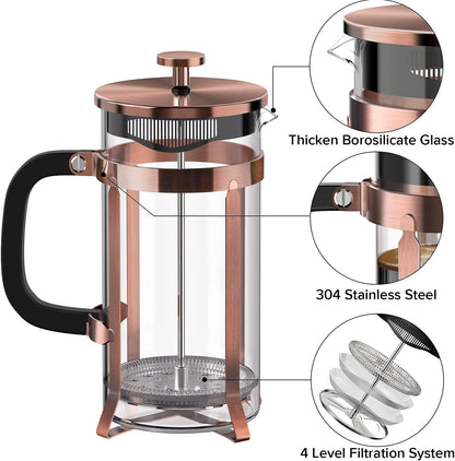 QUQIYSO Coffee Maker - 304 Stainless Steel French Press with 4 Filters | Heat Resistant, Easy to Clean, 21 oz Copper