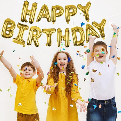 Gold Happy Birthday Balloons Banner - 16 Inch Mylar Foil Letters | Reusable Party Decor for All Ages