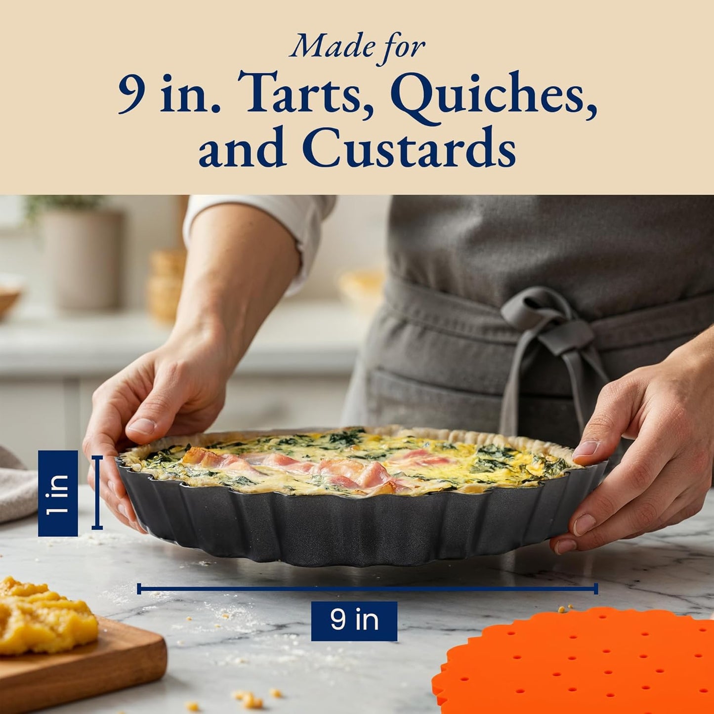Patz&Patz 9-Inch All-in-One Fluted Tart Pan - Nonstick Carbon Steel with Removable Bottom & Silicone Crust Shaper