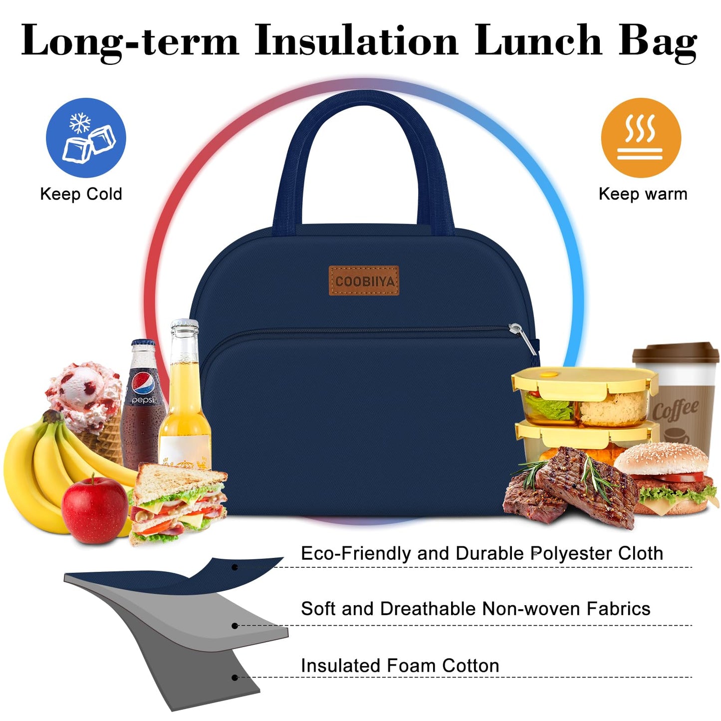 Coobiiya Lunch Bag for Men and Women - Navy Blue, Aluminum, 10.8" x 6.3" x 8.85" - Spacious, Lightweight, and Durable