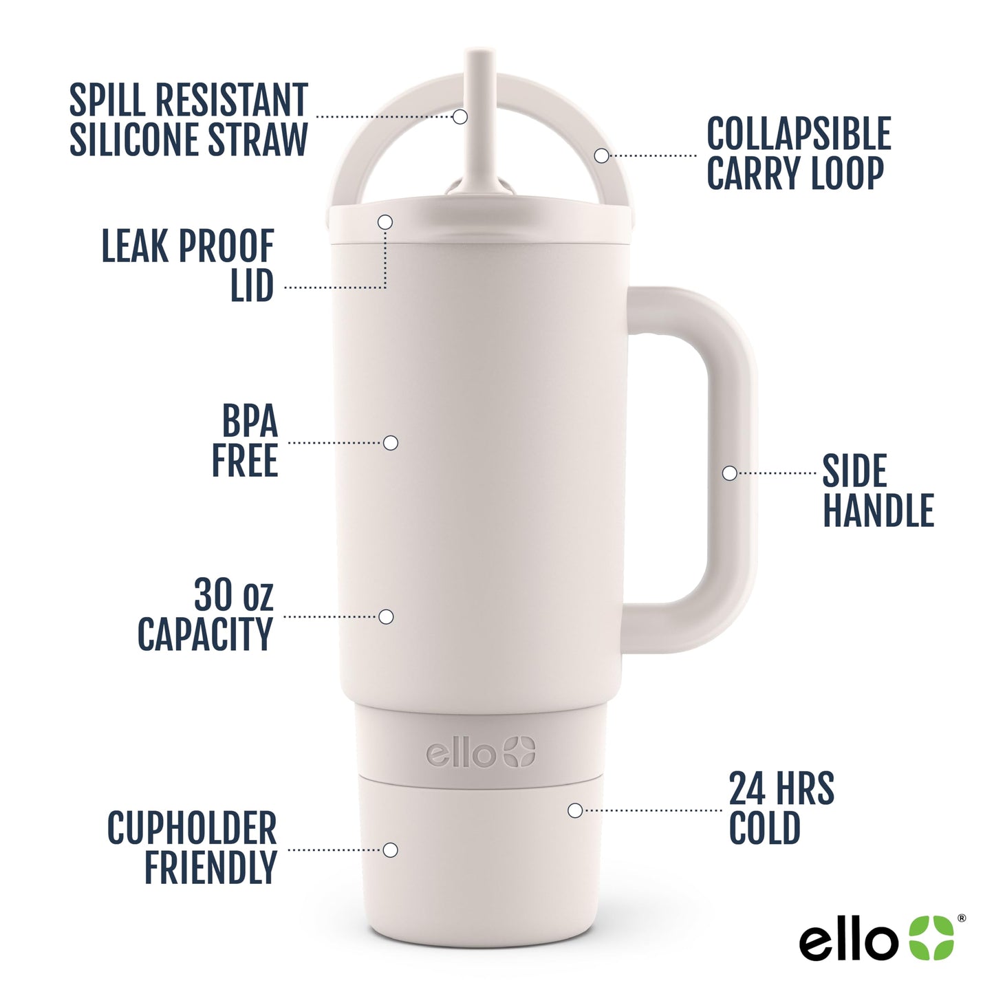 Ello Port 30oz Tumbler with Carry Loop & Integrated Handle | Vacuum Insulated Stainless Steel Reusable Water Bottle Travel Mug | Leak Proof Lid | Flexible Straw | BPA-Free | Dishwasher Safe | Cream