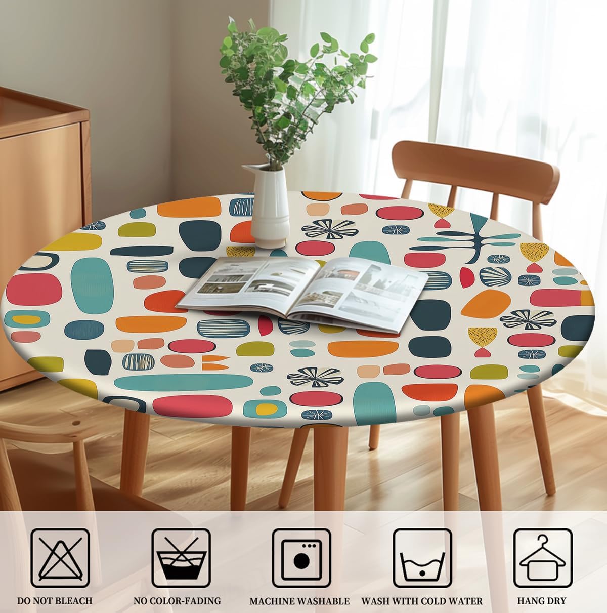Skiennix Waterproof Tablecloth - Elastic Fit for Round Tables 36"-70" | Indoor & Outdoor Use, 60" Geometry Design