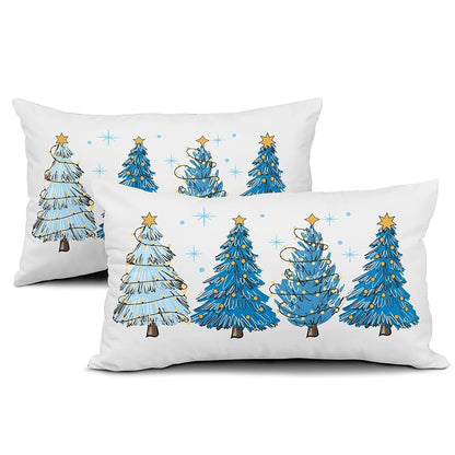 Blue Christmas Tree Throw Pillow Covers Set of 2 12x20 Decorative Pillow Cases