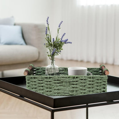 Skiennix Round Paper Rope Storage Basket - Decorative Wicker Organizer with Handle | Green, Small Size