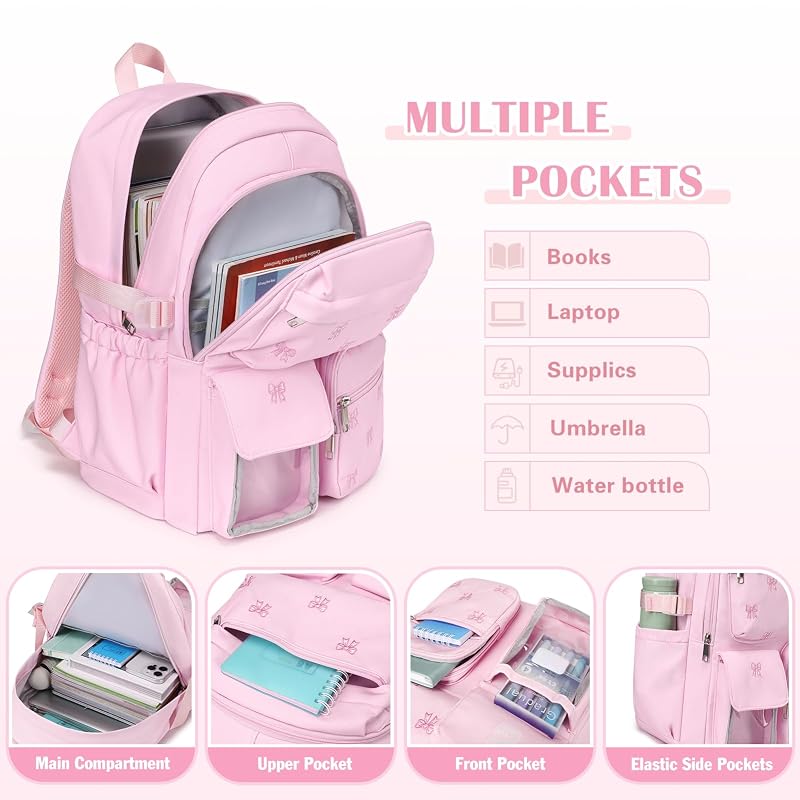 Embroidered 3Pcs Girls Backpack Set with Lunch Bag - Pink Bow Variation
