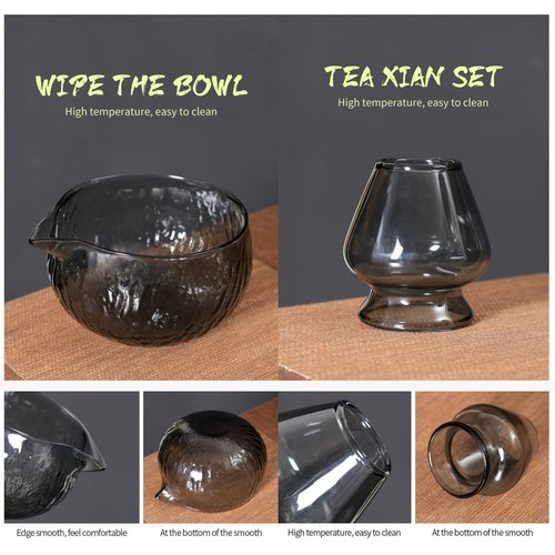 Japanese Matcha Set - (8 pcs) Matcha Whisk Set Matcha Bowl with Pouring Spout Bamboo Matcha Whisk (chasen) Scoop (chashaku) Matcha Whisk Holder Tea Making Kit (8pcs/set, Gray Matcha bowl)
