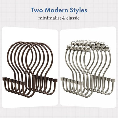 Bathway Shower Curtain Hooks Bronze Shower Curtain Rings with Cylindrical Design, 12Pcs Metal Shower Curtain Hooks Rust Proof, Smooth Glide Double Shower Hooks Rings for Shower Curtain