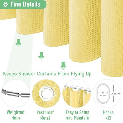 Dynamene Extra Long Shower Curtain - 84 Inch Long Waffle Weave Heavy Duty Fabric Bathroom Shower Curtain, Neutral Weighted Hotel Thick Bath Curtain Set with 12 Plastic Hooks,72x84, Yellow