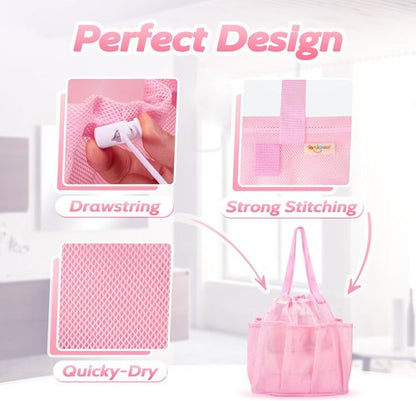 Famichan Mesh Shower Caddy - Portable Drawstring Bag for College Students | Large Pink Shower Organizer for Travel, Gym, Camping