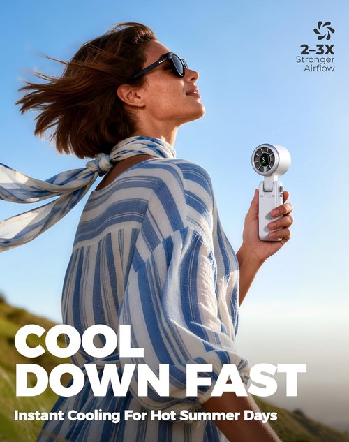 Diveblues Portable Handheld Turbo Fan - 5-Speed Wind, Battery Operated, 12-Hour Runtime, Silver White