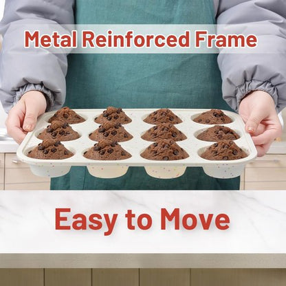 CAKETIME Silicone Muffin Pan - Non-Stick 12-Cup Design with Metal Reinforced Frame | Easy Oven Use
