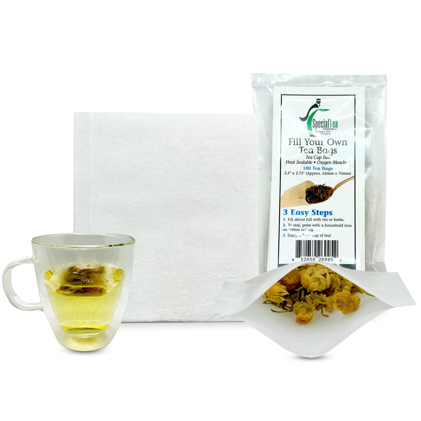 100 Empty Tea Bags 2.5” x 2.75” White Compostable, These Heat Sealable Tea Infuser for Loose Tea Herbs are Organic Disposable Tea Strainer Bags made of Wood (pulp) Fibers