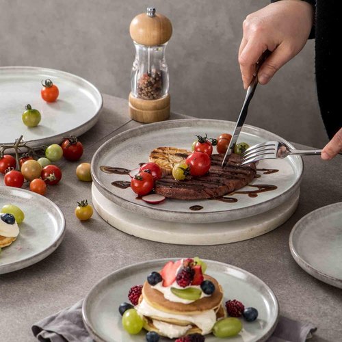 Henten Home 10-Inch Ceramic Dinner Plates - Set of 4 Fluted Round Porcelain Steak Plates | Scratch Resistant (Grey)