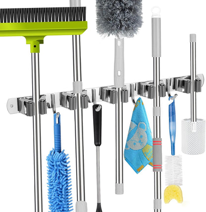 Voze Mop and Broom Holder - 5 Racks & 4 Hooks | Heavy-Duty Wall Mount Organizer for Home & Garage