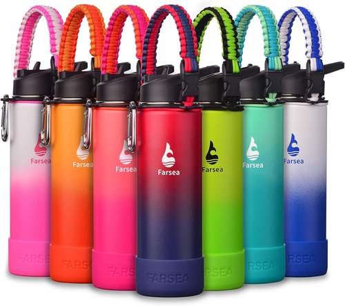 Farsea Insulated Water Bottle - 24 oz Stainless Steel with Paracord Handle & Dual Lids | BPA-Free, Sweat-Proof