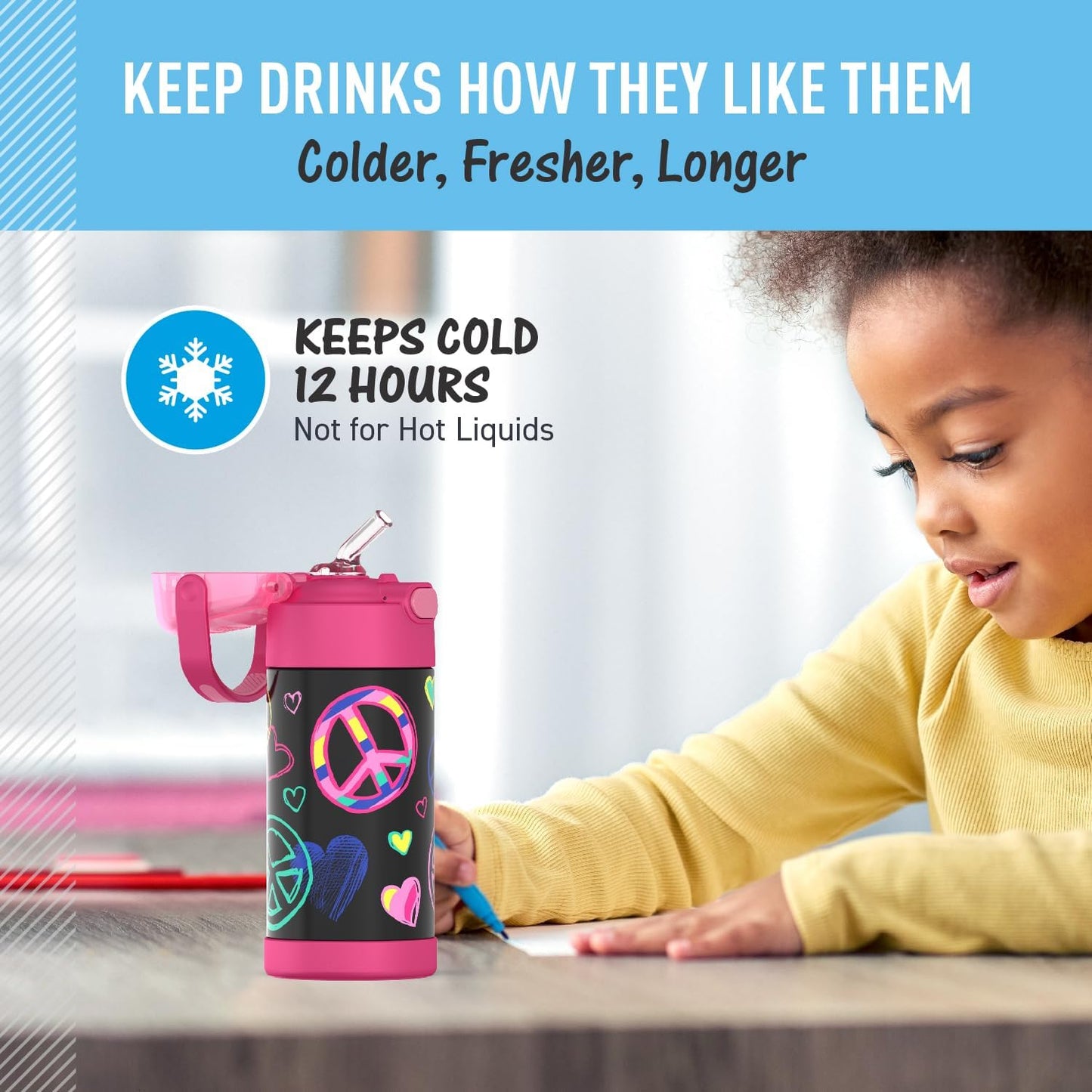 THERMOS FUNTAINER Water Bottle - 12 Ounce Kids Stainless Steel Vacuum Insulated with Straw | Peace Design