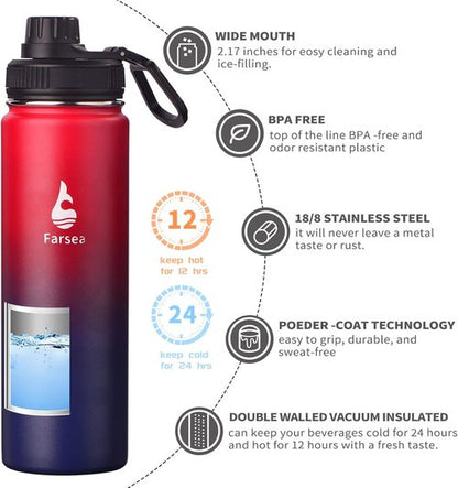 Farsea Insulated Water Bottle - 24 oz Stainless Steel with Paracord Handle & Dual Lids | BPA-Free, Sweat-Proof