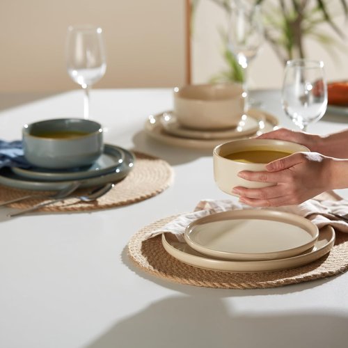 Kook 12-Piece Dinnerware Set - Service for 4 with Ceramic Plates & Soup Bowls | Somerset Collection (Beige)