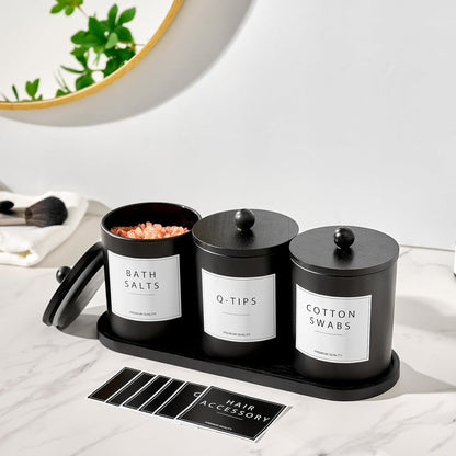 Regine Switzerland Glass Qtip Holder - Elegant Black Cotton Round Dispenser with Bamboo Tray | Set of 3