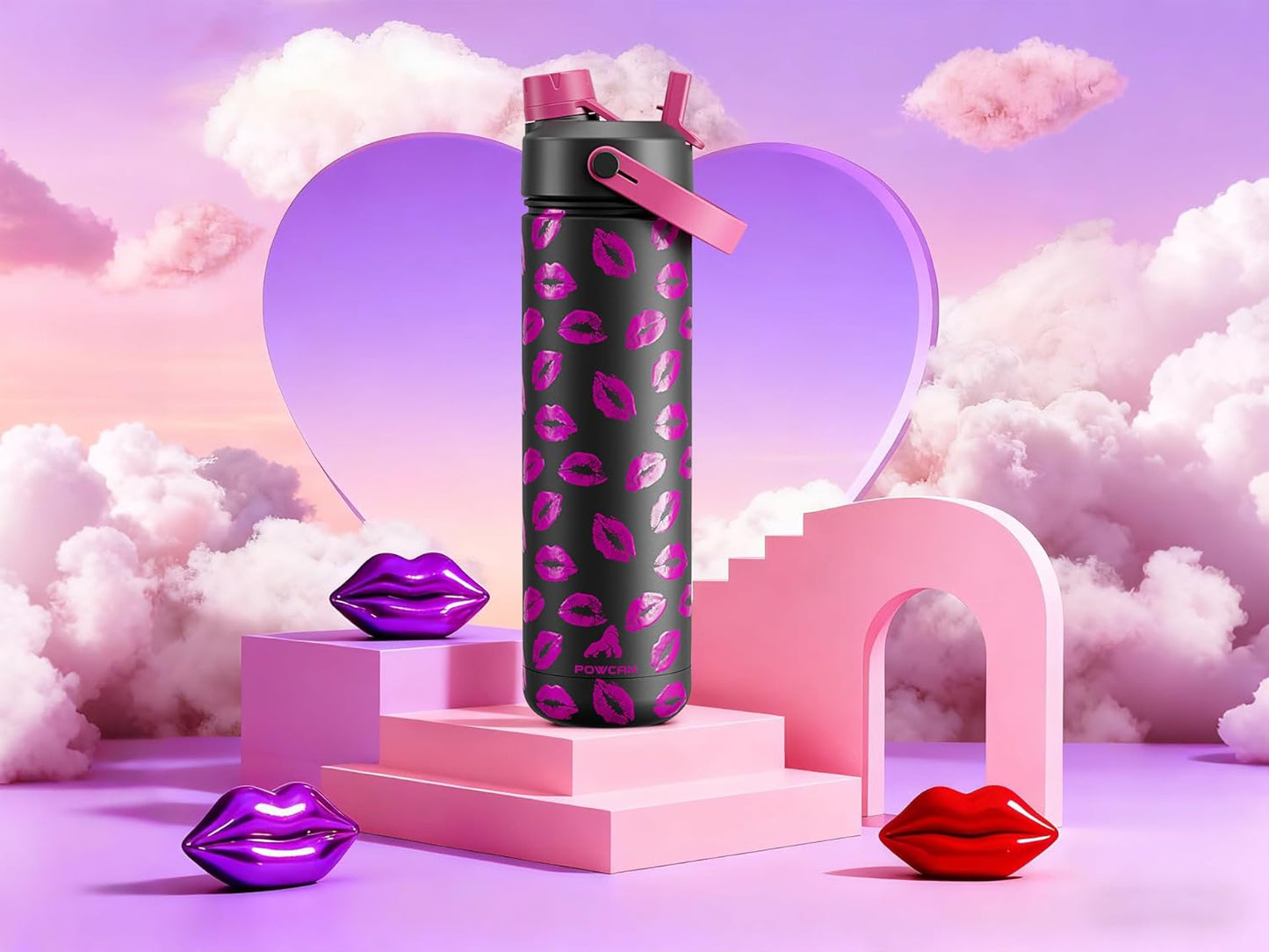 POWCAN 26 oz Insulated Water Bottle - 2-in-1 Straw & Spout Lid, Keeps Drinks Cold 24H | Midnight Kiss