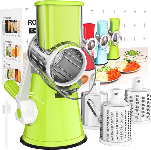Cambom Rotary Cheese Grater - Hand Crank Shredder for Fresh Cheese & Vegetables | Non-Slip Base, Green