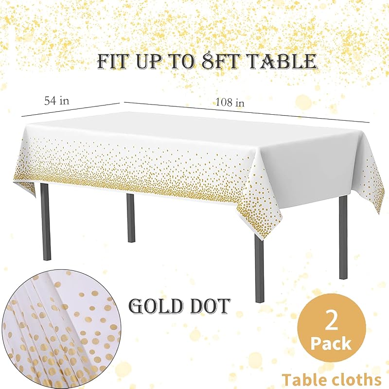 2 Pack White and Gold Disposable Tablecloths, 54 x 108 in – Rectangular Party Covers (Variation: White+2 Pack)