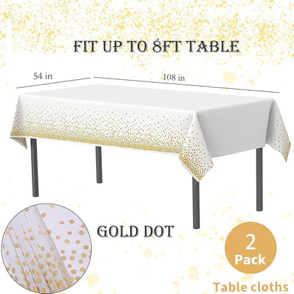 2 Pack White and Gold Disposable Tablecloths, 54 x 108 in – Rectangular Party Covers (Variation: White+2 Pack)