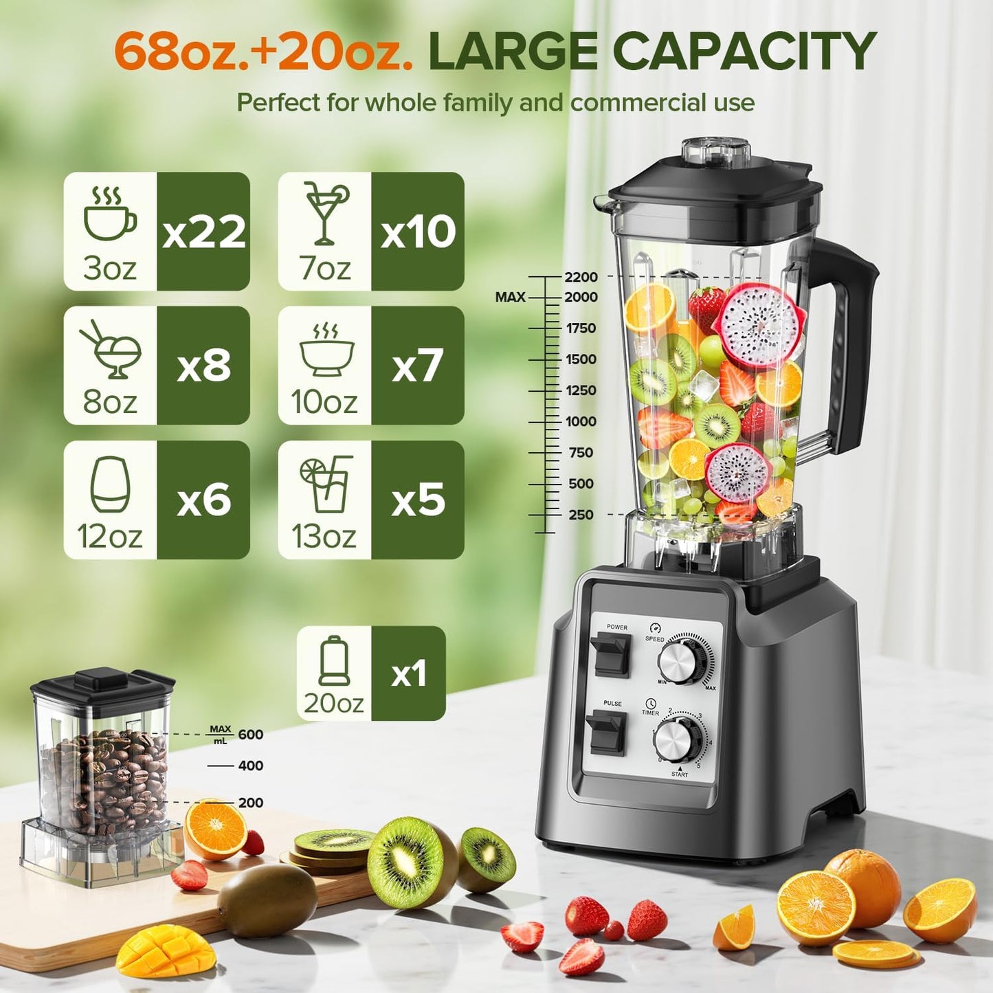 Skiennix Blender - 68Oz Pitcher & 20Oz Grinder - 28000 RPM Smoothie Maker for Ice & Frozen Fruits