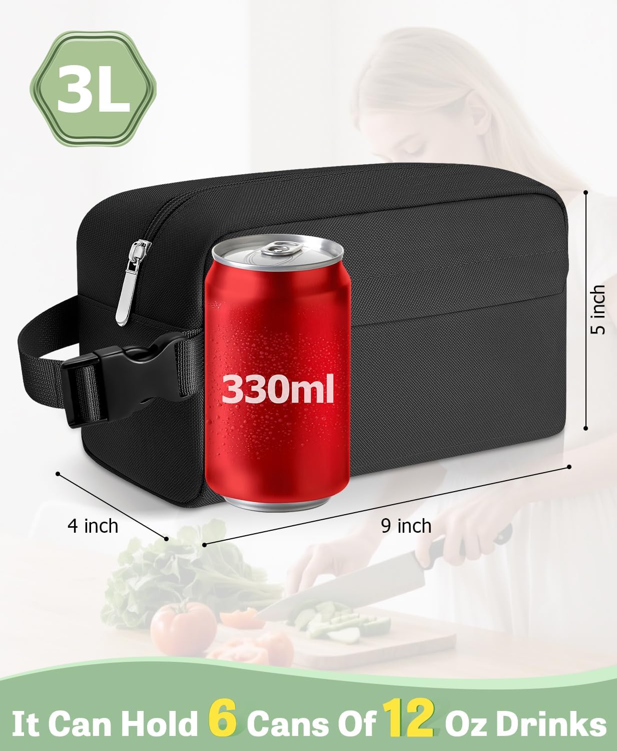 Skiennix Insulated Snack Bag - Reusable Lunch Box Cooler for Kids & Adults | Collapsible, Black, 3L Capacity