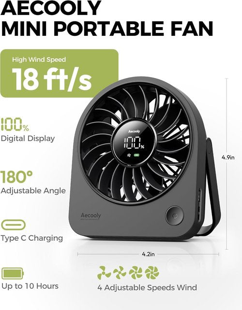 Aecooly Mini Portable Desk Fan - Quiet 4-Speed USB Fan with 180° Adjustable Angle | Rechargeable, Black