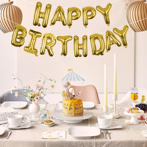 Gold Happy Birthday Balloons Banner - 16 Inch Mylar Foil Letters | Reusable Party Decor for All Ages