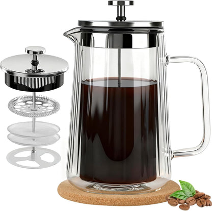 Skiennix Glass French Press Coffee Maker - 34oz Double Wall Borosilicate Glass | Stainless Steel Filtration for Coffee & Tea