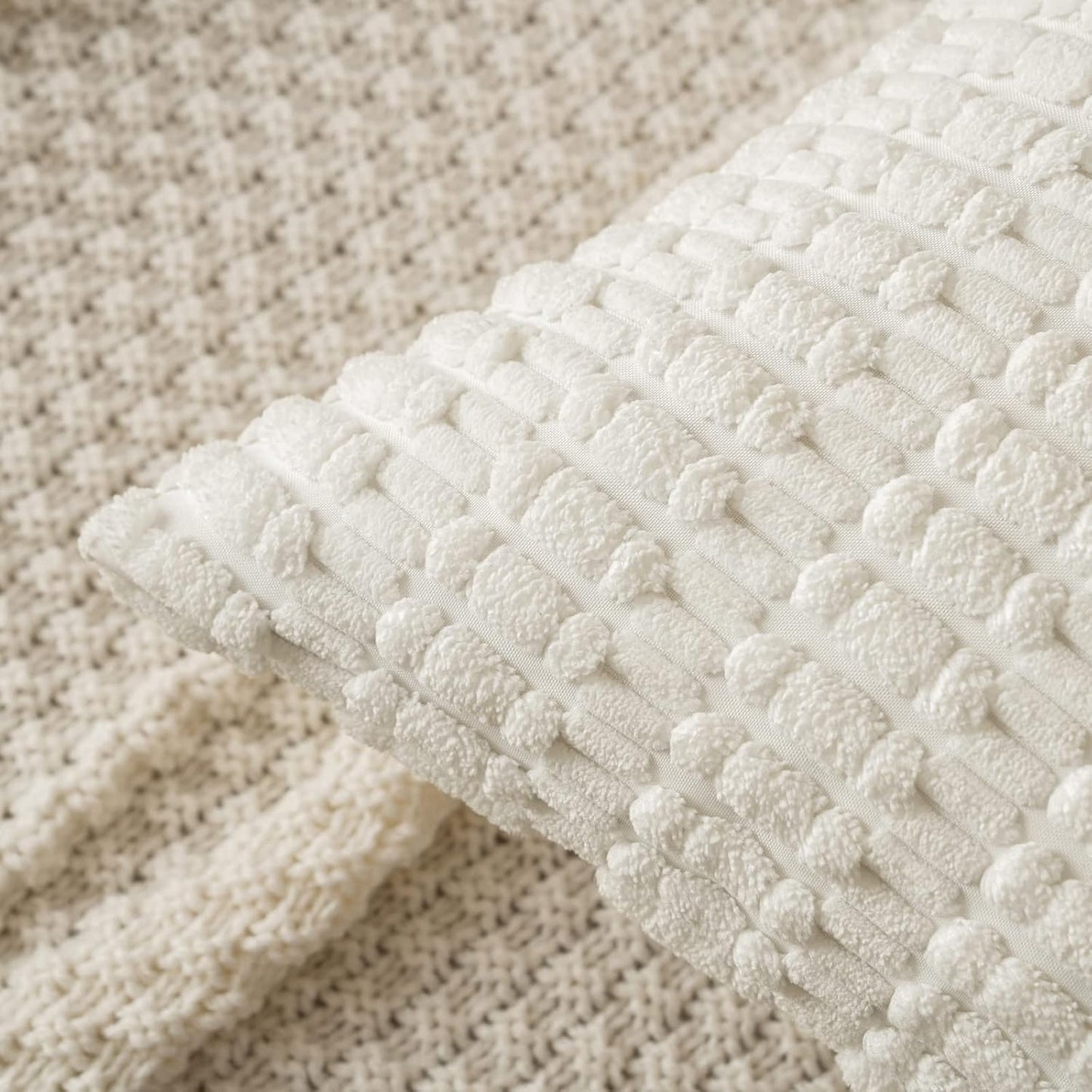 MIULEE Corduroy Throw Pillow Covers - Soft Boho Striped Design | 18x18 Inch Pure White for Modern Home Decor