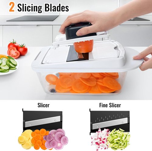 12 Blade All-in-1 Vegetable Chopper | Mandoline Slicer with Container & Spiralizer - White