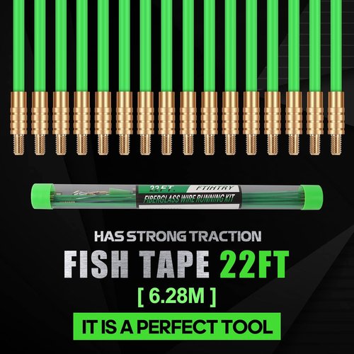 FTIHTRY 22FT Fiberglass Electrical Wire Pulling Rods - Complete Kit with 8 Attachments & Fish Tape